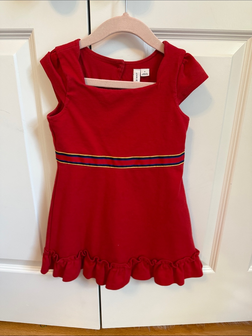 Janie and Jack Red Cap-Sleeve Ruffle Hem Dress with Striped Waist